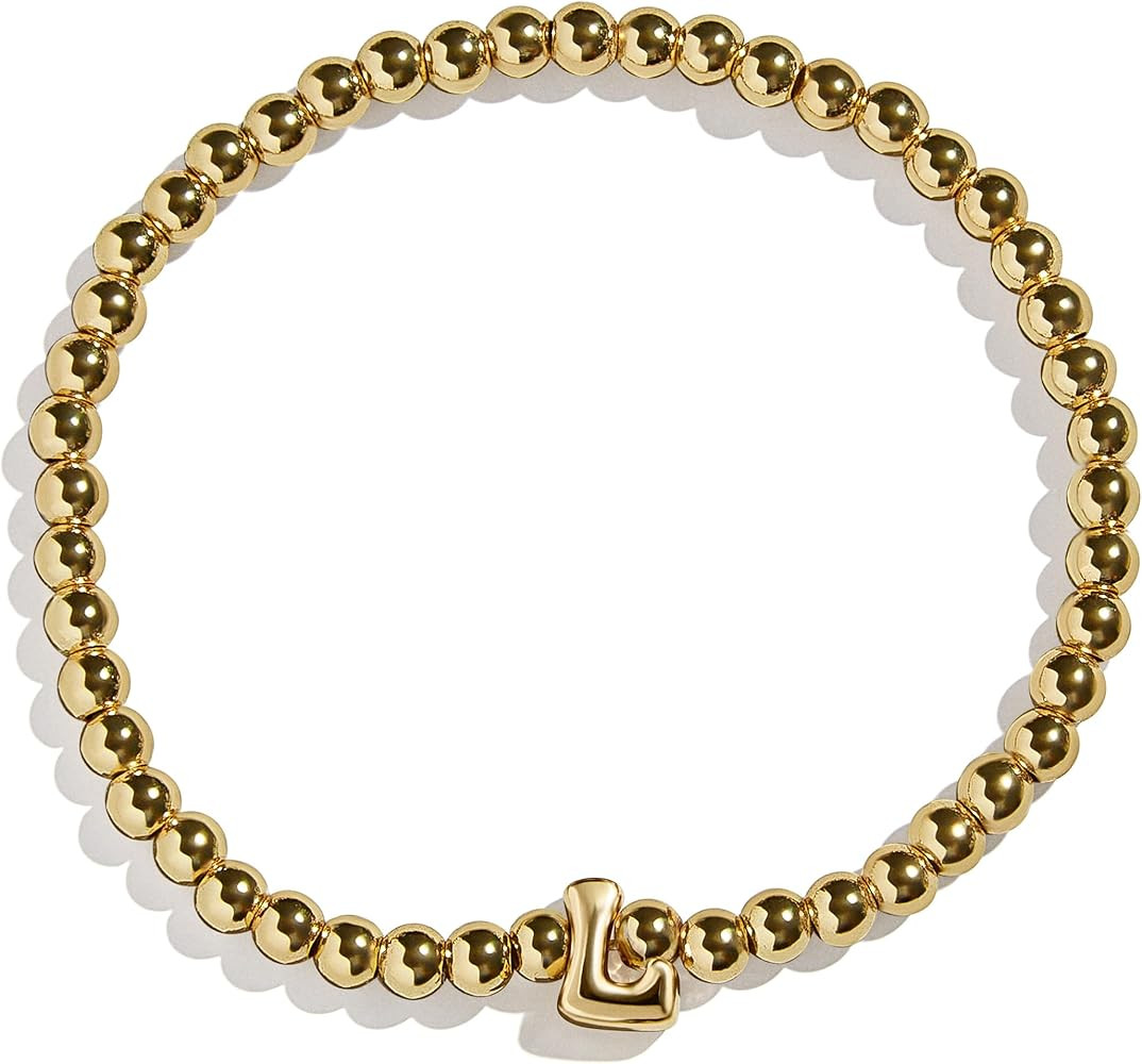 Initial Pisa Stretch Bracelet - Personalized Gold-Plated Beaded Bracelet for Women, Custom Ball T... | Amazon (US)