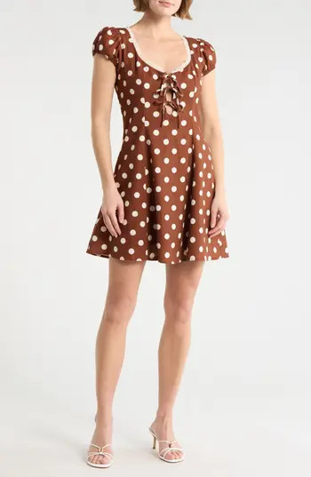 WAYF Linen Blend Minidress in Redwood Polka Dot at Nordstrom Rack, Size Large | Nordstrom Rack