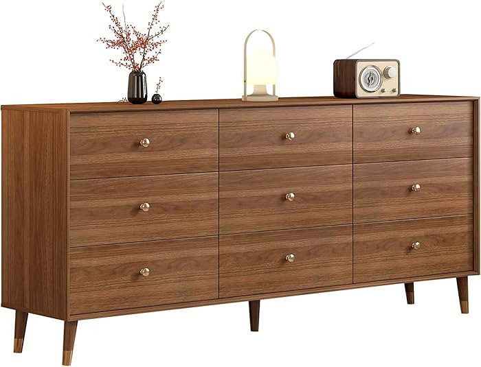 Mid Century Modern 9-Drawer Dresser, 63 Inch Wide Solid Wood Frame Chest, Walnut Finish, Beveled ... | Amazon (US)