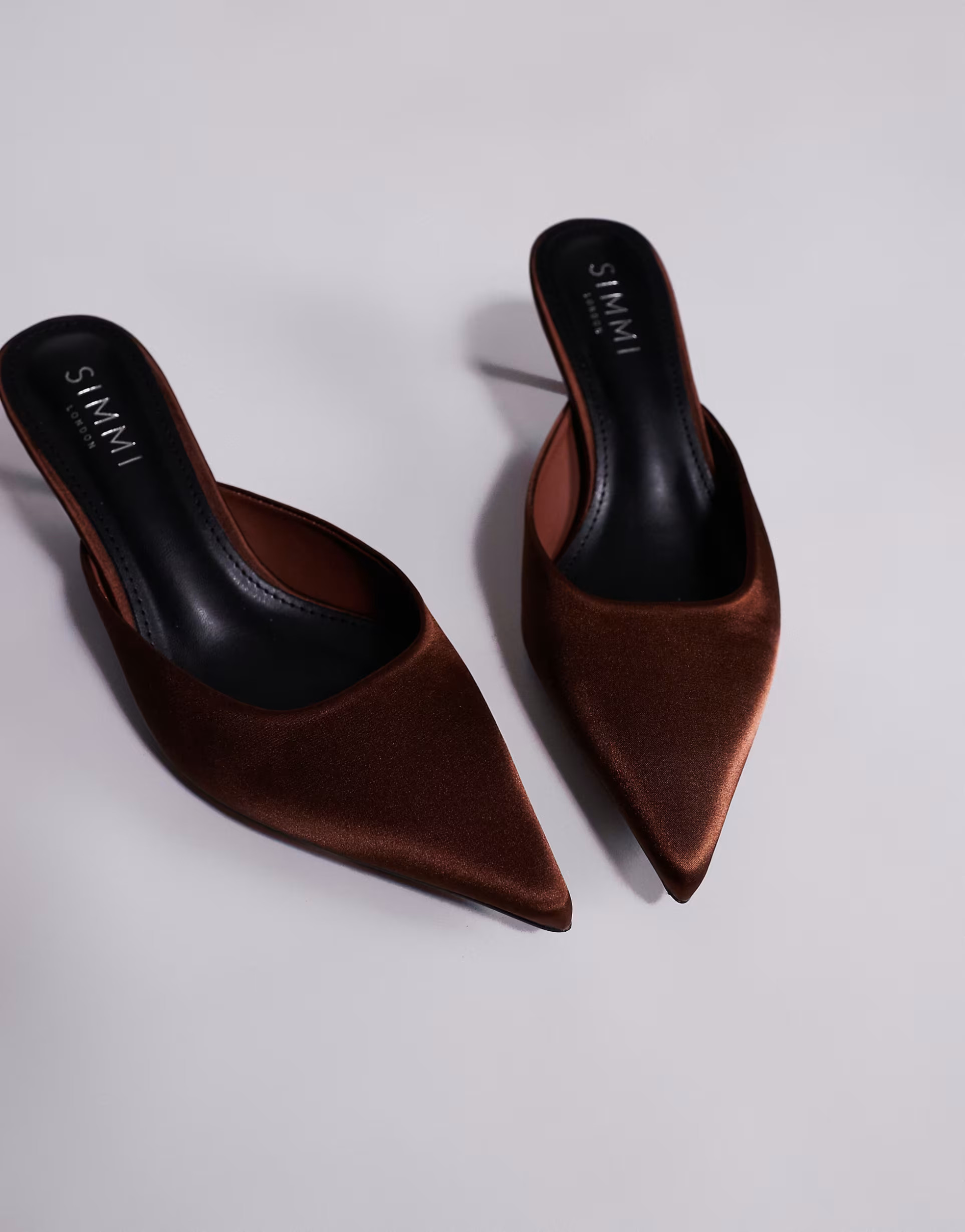 Simmi London Carson kitten heel mules in chocolate satin | ASOS (Global)