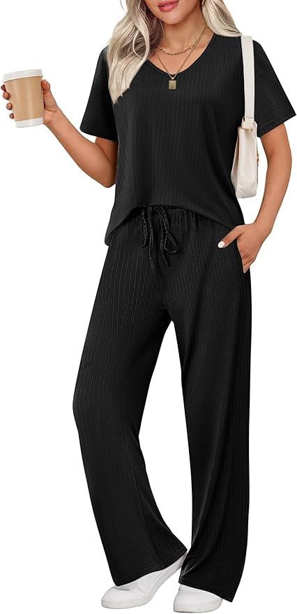 Ekouaer Womens Ribbed Knit Lounge Set Short Sleeve Top and Long Pants Sleepwear Pajama Set Two Pi... | Amazon (US)