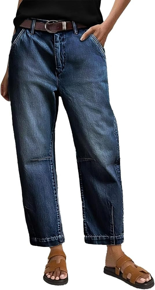 Flamingals Straight Leg Jeans for Women Mid Rise Barrel Cropped Casual Wash Stitch Detail Denim J... | Amazon (US)