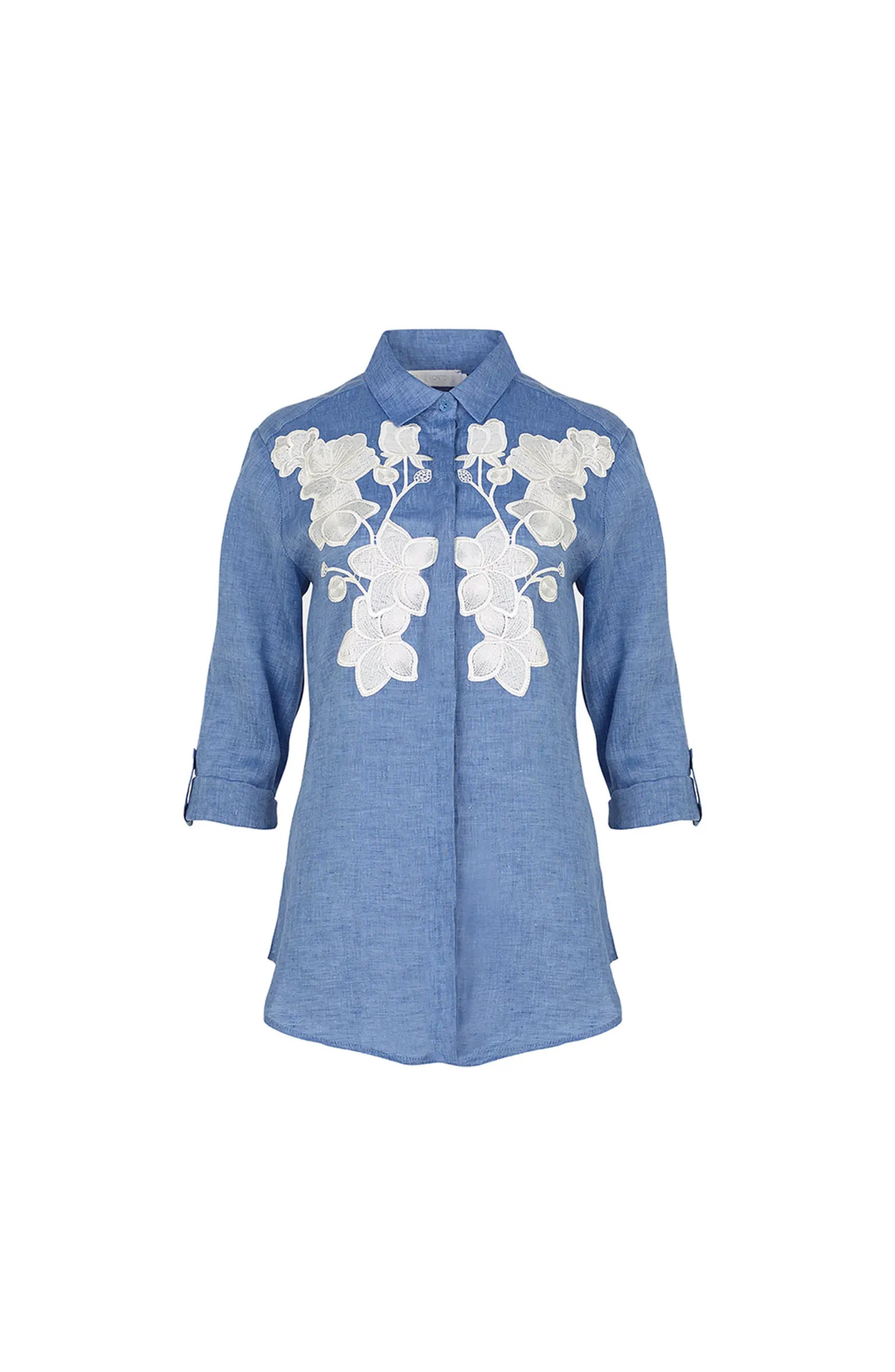 Women's Shirt  Citron Blue Linen Shirt With White Floral Applique | Nordstrom