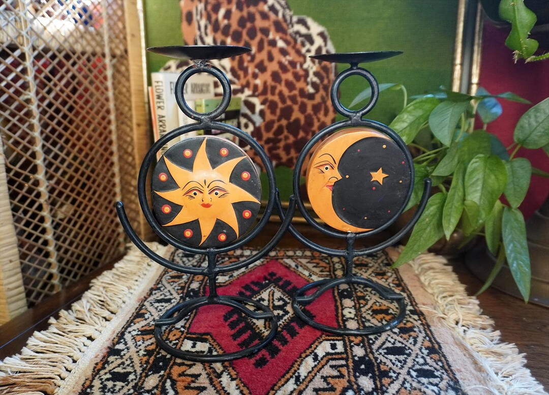 Vintage Wood Sun and Moon Candle Stick Holders | Celestial Decor Stars and Sun | Witchy Sun and M... | Etsy (US)