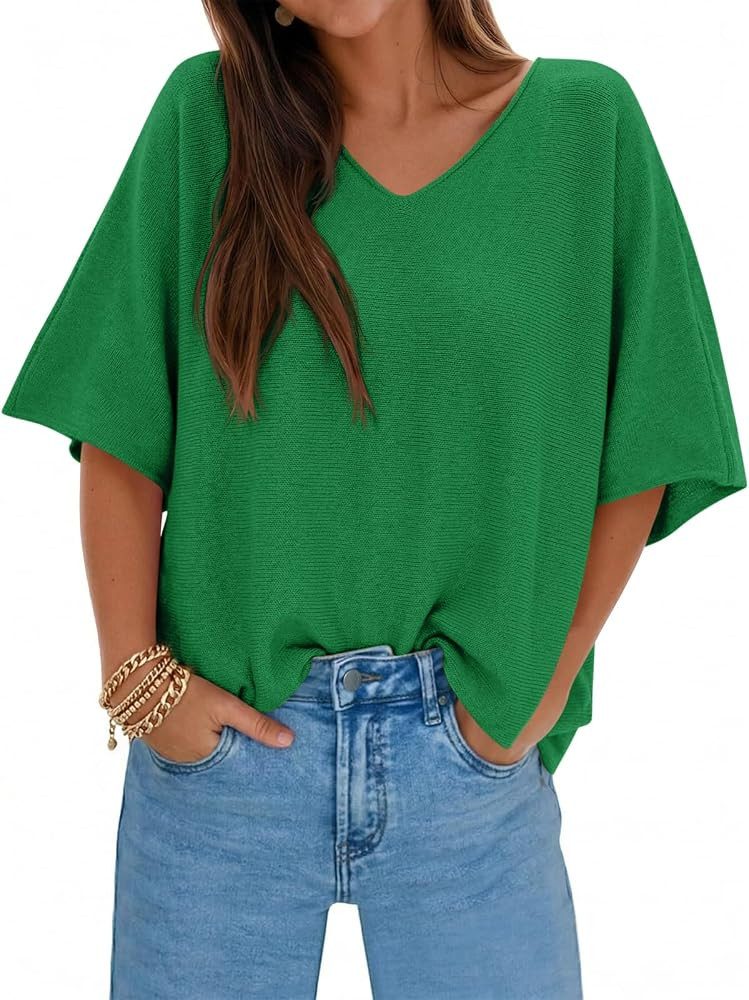 Saodimallsu Womens Oversized Summer Sweater Half Sleeve Batwing V Neck Dolman Sleeve Trendy Casua... | Amazon (US)