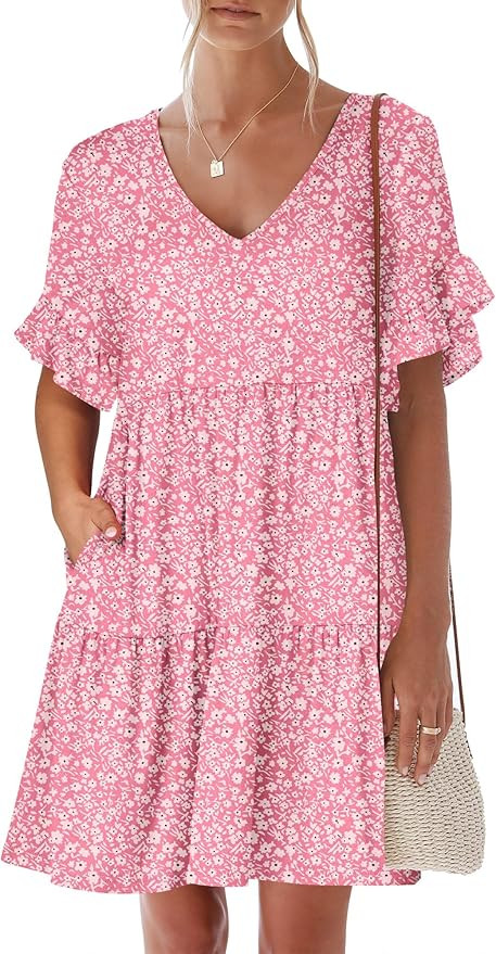 ANRABESS Dresses for Women Summer 2026 V Neck Ruffle Sleeve A Line Tiered Flowy Casual Trendy Min... | Amazon (US)