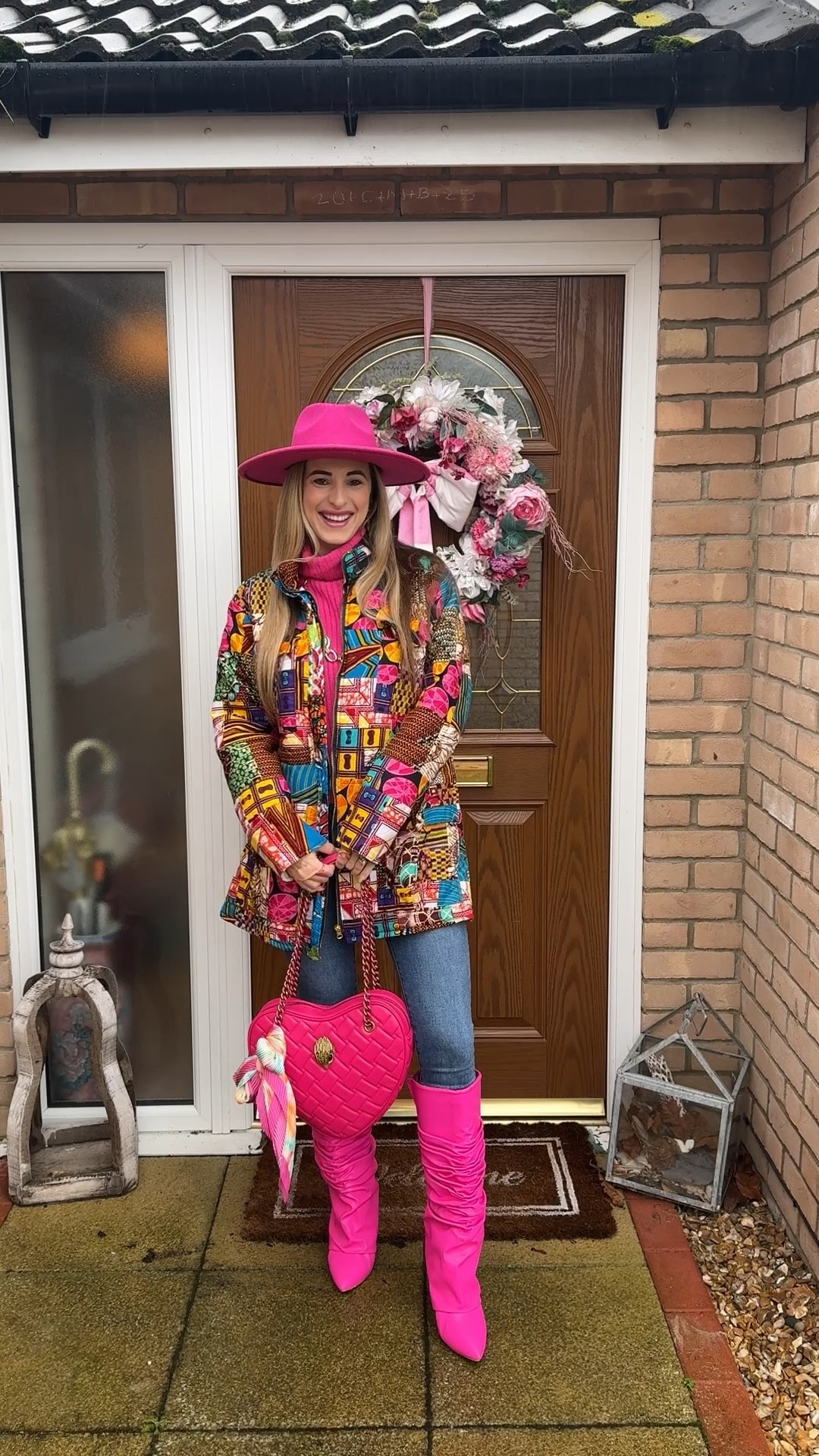 Colorful fashion. Colorful style. Dopamine dressing. Hot pink packed. Vintage jacket. Pink Heart Kurt Geiger bag. Heart Purse. OOTD. Outfit of the day. Knee-high pink boots. Fold over boots. Slouchy boots.

#LTKootd