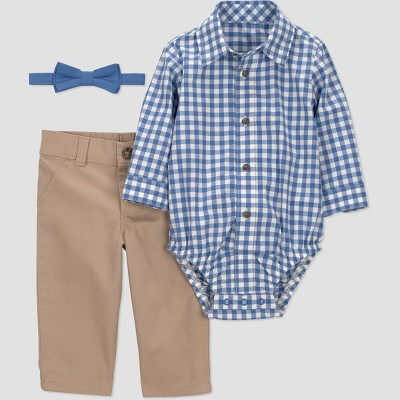 Carter's Just One You® Baby Boys' 2pc Gingham Long Sleeve Bodysuit and Pants Set - Khaki/Blue 9M | Target