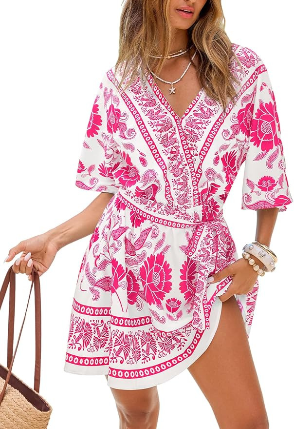 CUPSHE Womens Summer Mini Dresses Short Sleeve Boho Floral Beach Vacation Sundress V Neck Tie Wai... | Amazon (US)