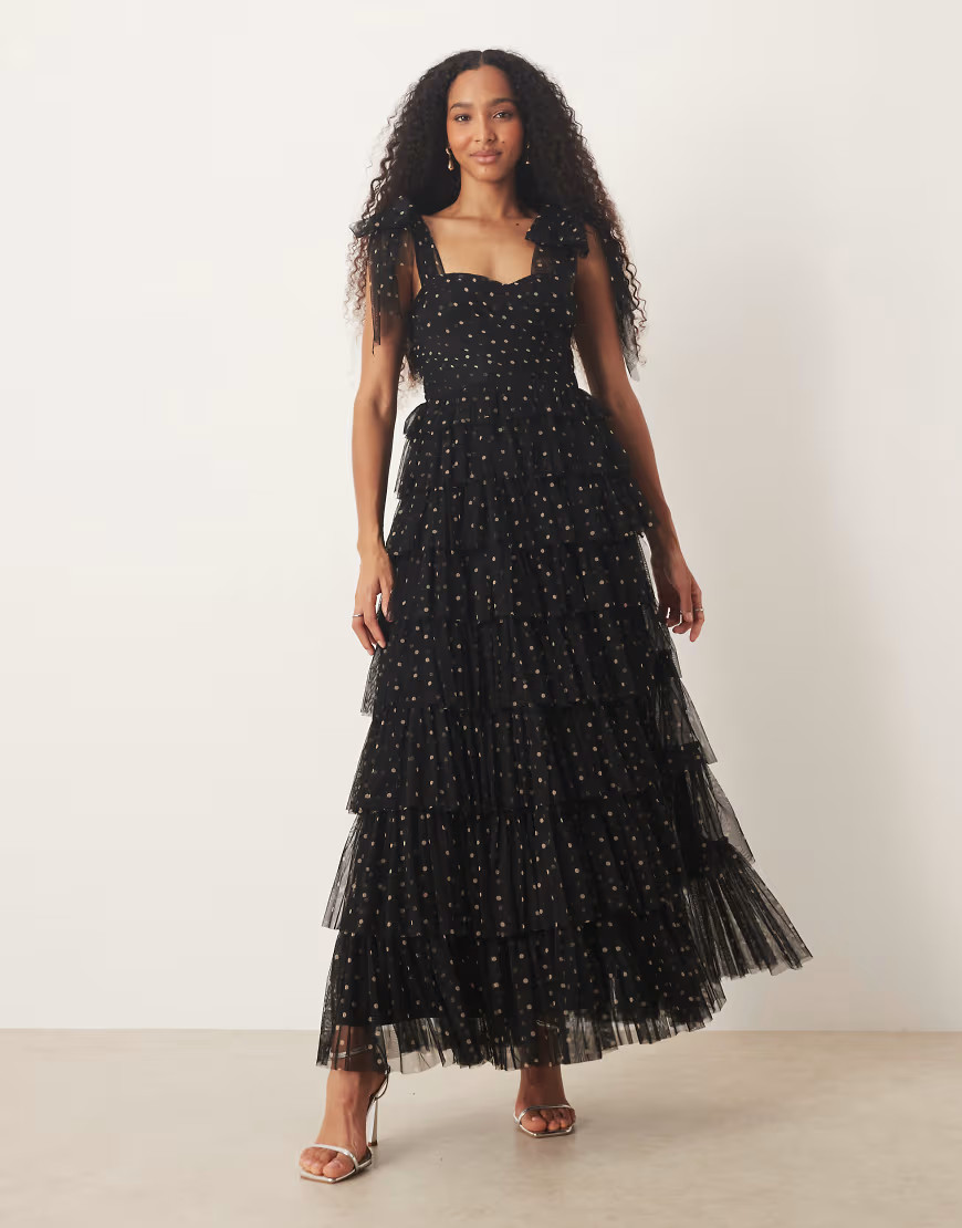 Lace & Beads bow shoulder tiered tulle maxi dress in black polka dot | ASOS (Global)