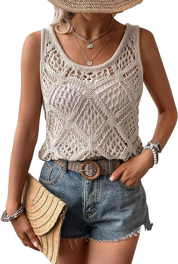 Verdusa Women's Hollow Out Summer Crochet Knit Tank Tops Scoop Neck Sleeveless Pullovers | Amazon (US)