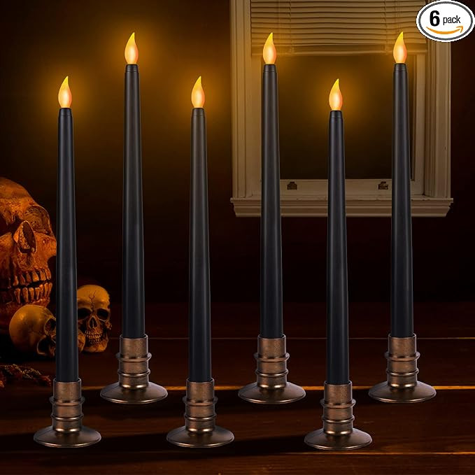 6 packs Black Halloween Candles- LED Flameless Candles with Bases, Flicker Flame, Tall Taper Cand... | Amazon (US)