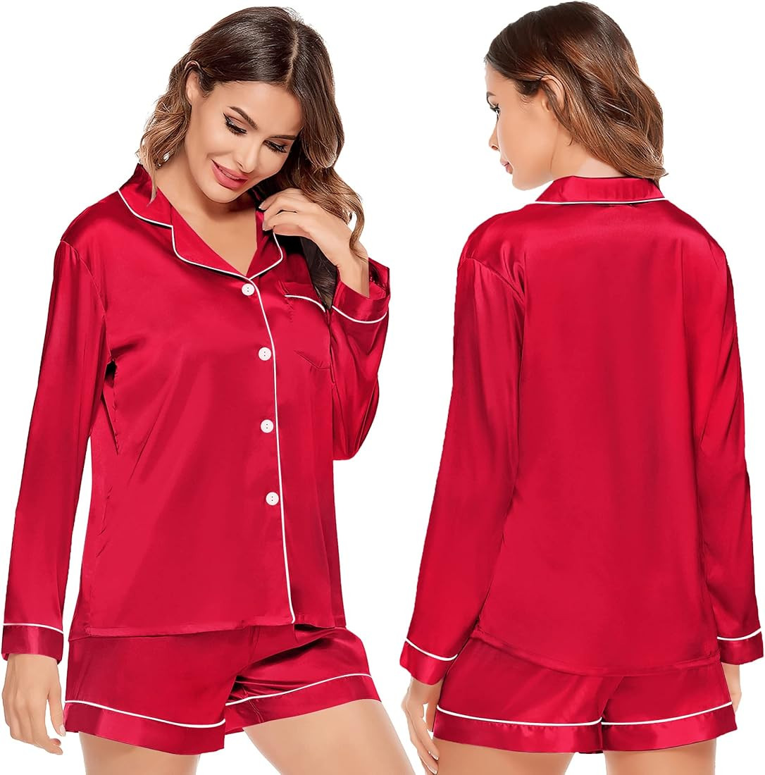 SWOMOG Womens Silk Satin Pajamas Set Long Sleeve Loungewear Two-piece Sleepwear Button-Down Pj Se... | Amazon (US)
