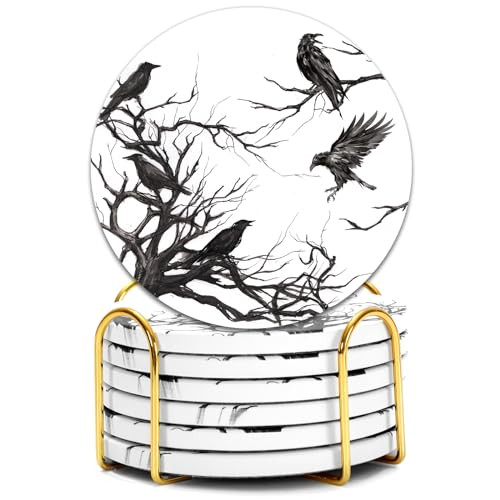 Generic AnyDesign 6Pcs Halloween Coasters with Holder Silhouette Tree Crows Drink Coasters Branches Black Ceramic Cup Mats for Party Home Office Table Decor, 3.9 x 3.9 inch | Amazon (US)