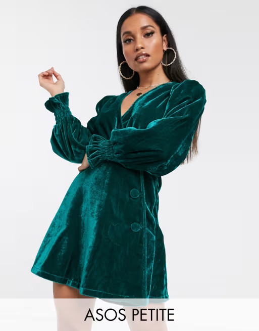 ASOS DESIGN Petite velvet button through wrap mini dress | ASOS US