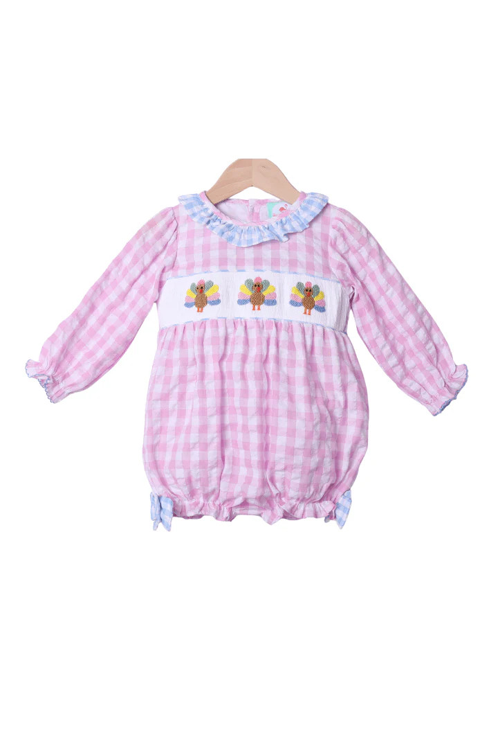 Smocked Pink Seersucker Turkey Bubble | The Smocked Flamingo