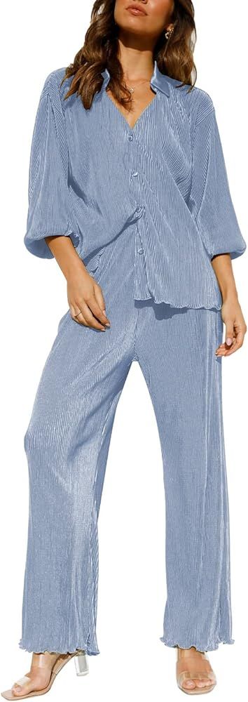 Fixmatti Women 2 Piece Outfits Long Sleeve Shirt and Wide Leg Pants Pleated Sweatsuit Sets | Amazon (US)