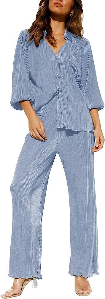 Fixmatti Women 2 Piece Outfits Long Sleeve Shirt and Wide Leg Pants Pleated Sweatsuit Sets | Amazon (US)