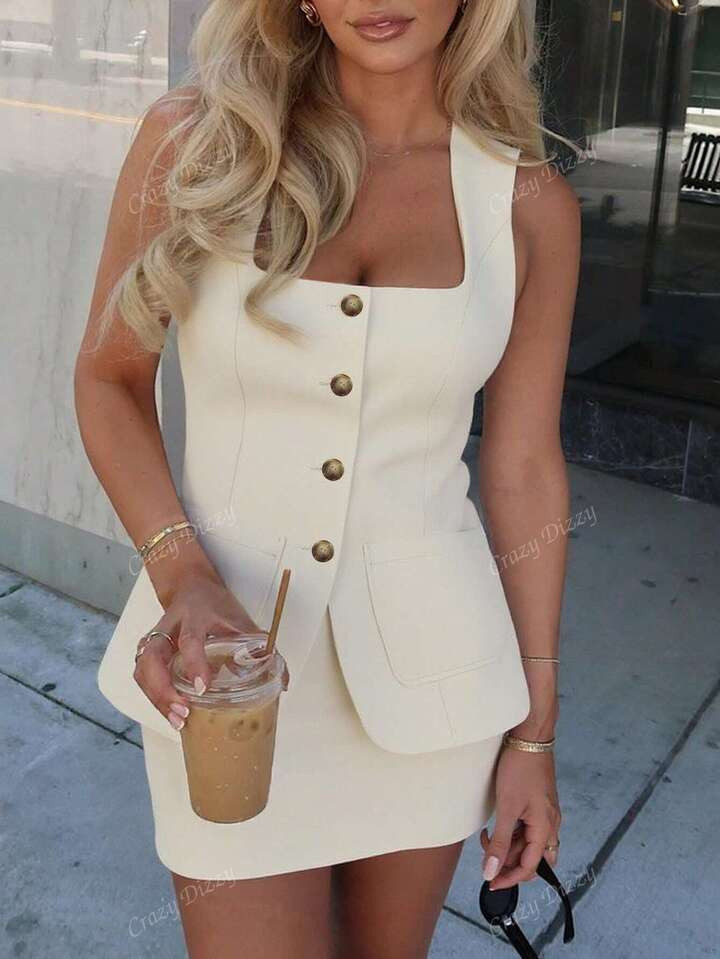 Ladies'Old Money Elegant Single-Breasted Real Pocket Suit Vest And Skirt Set,Outfit For Daily Wea... | SHEIN