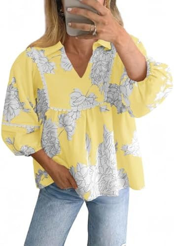 Tankaneo Womens Floral Peplum Babydoll Tops 3/4 Puff Sleeve Pleated Blouse Cute Casual V Neck Loo... | Amazon (US)