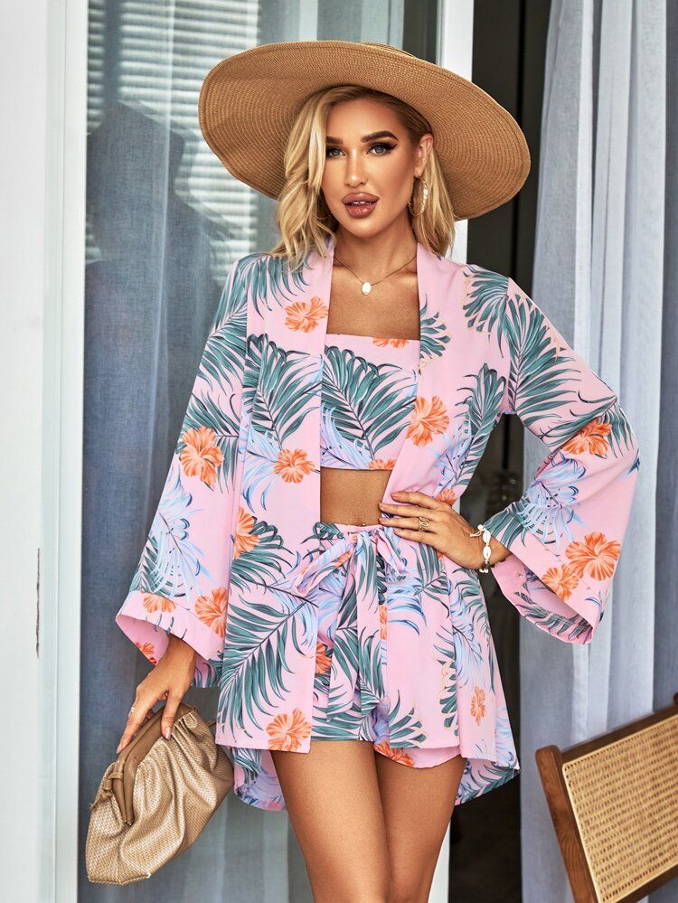 Tropical Print Shirred Cami & Shorts & Kimono | SHEIN