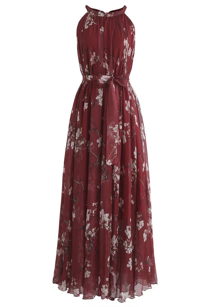 Plum Blossom Watercolor Maxi Slip Dress in Wine | Chicwish