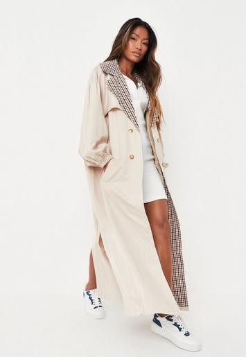 Missguided - Petite Sand Check Collar Balloon Sleeve Trench Coat | Missguided (UK & IE)