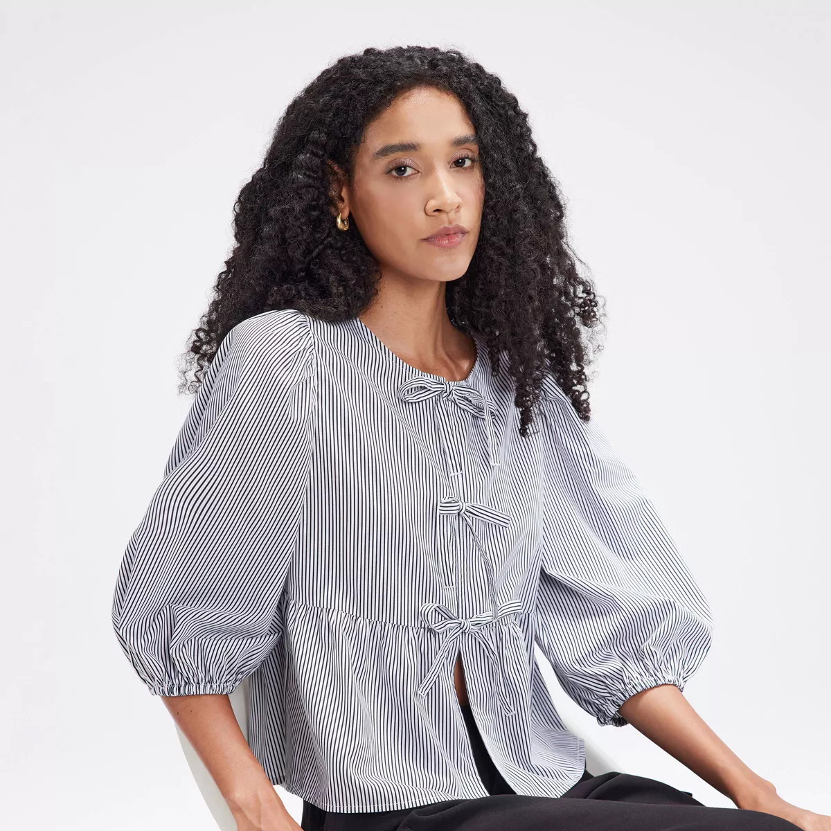 Women's Puff 3/4 Sleeve Tie-Front Blouse - A New Day™ Black Striped XS | Target