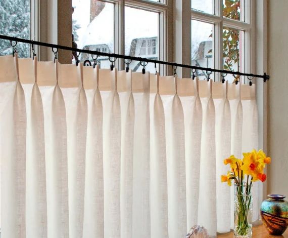 Double Pleated Cafe Curtains 100% Semi Sheer off White Linen  | Etsy | Etsy (US)