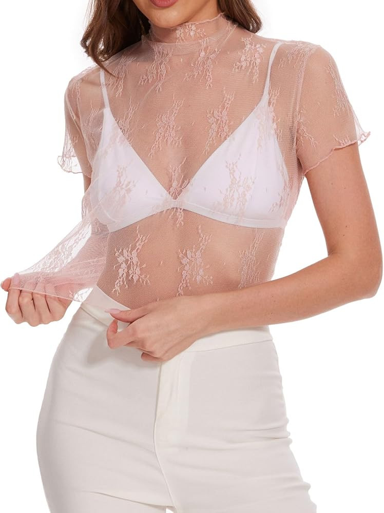 WHIPPY Women Mesh Sheer Top Lace Short Sleeve Layering Tops High Neck See Through Shirts Top | Amazon (US)