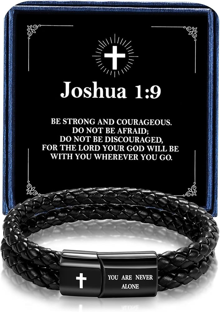 Men's Leather Bracelet with Cross Bible Verse, Double Layer Black Genuine Leather Bracelet for Me... | Amazon (US)