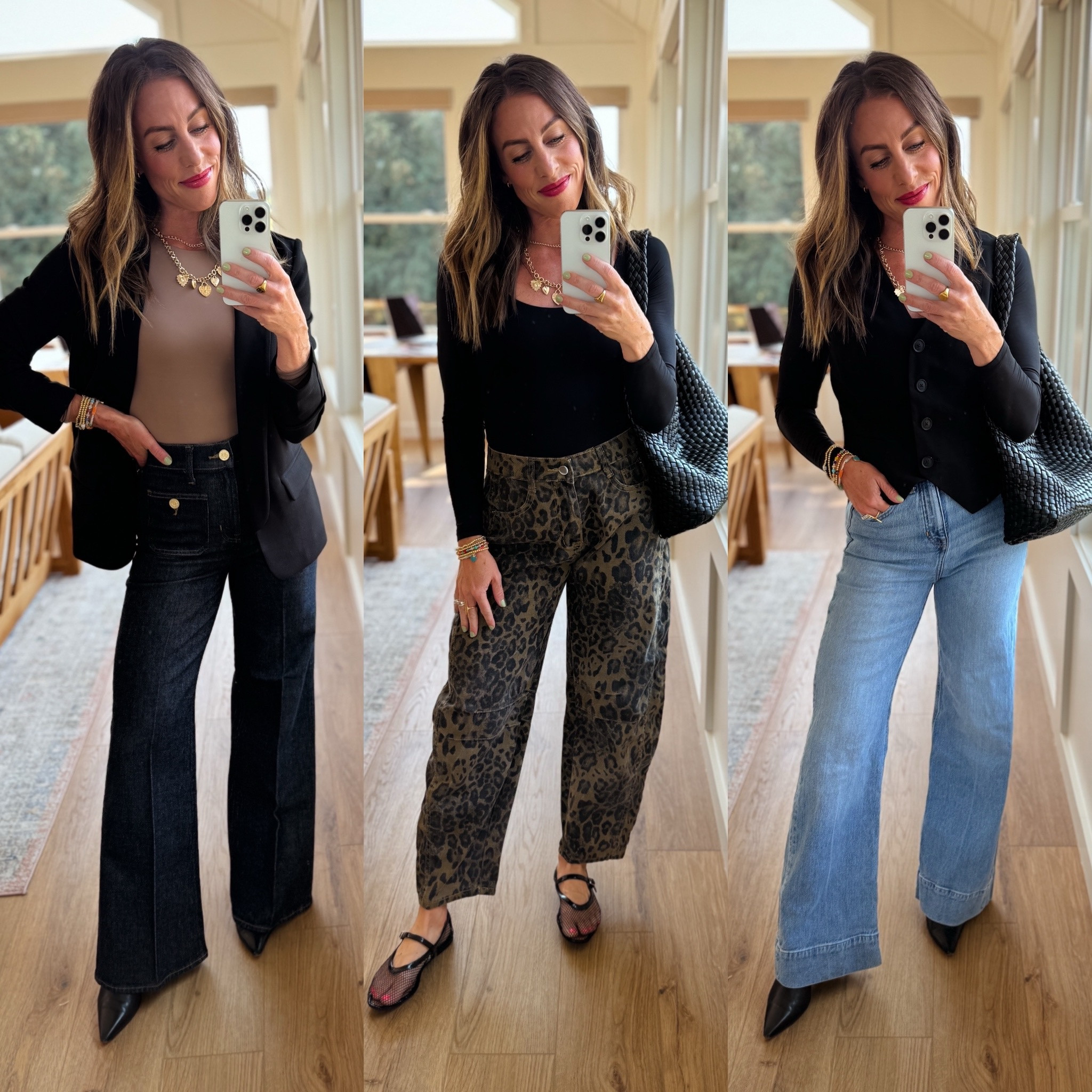1. Latte bodysuit: xs
Blazer: xs
Jeans: 24 regular (size down one)
MF heels: fit TTS
.
2. Bodysuit: xs
Leopard barrel jeans: xs
Mesh ballet flats: fit TTS
.
3. Bodysuit: xs
Vest: xs
Jeans: 24 regular (size down one)
MF boots: fit TTS 

#LTKOver40 #LTKStyleTip #LTKSaleAlert