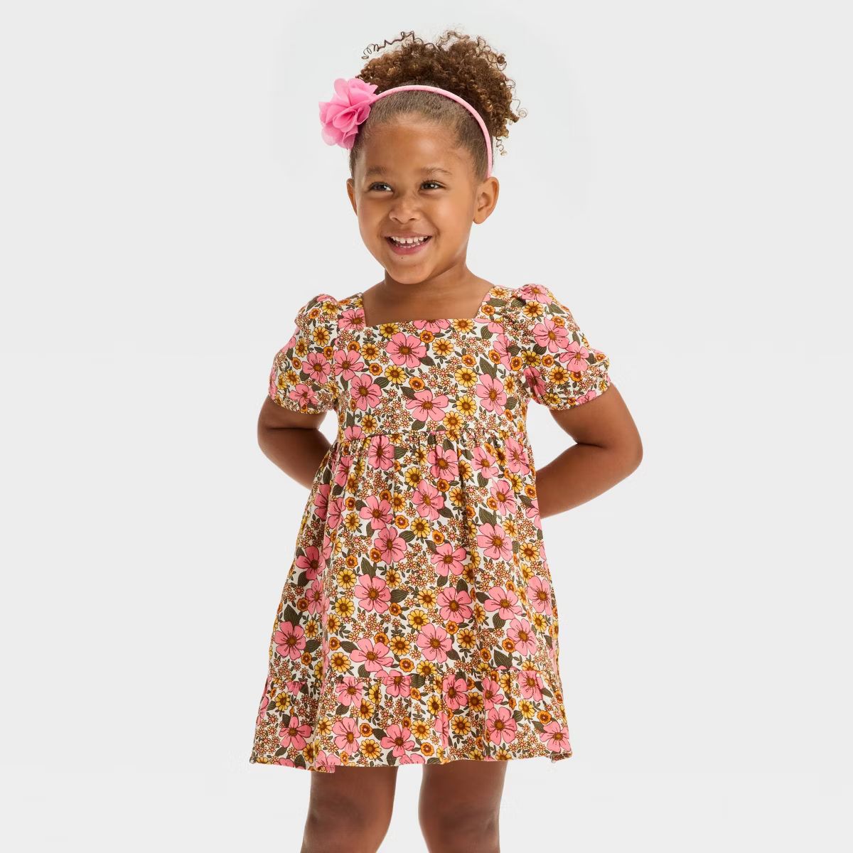 Toddler Girls' Floral Short Sleeve Dress - Cat & Jack™ Off-White 2T | Target