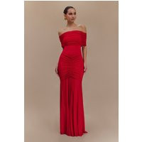 Caspian Slinky And Mesh Off Shoulder Maxi Dress - Ruby | MESHKI US