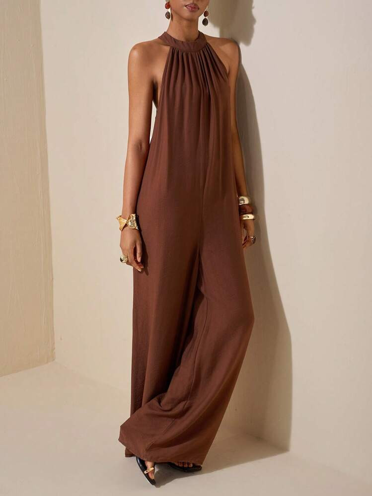 Zivah Beach New Spring And Summer Leisure Vacation Daily Commuting Halter Neck Round Neck Sleeveless Ultra-Loose Wide-Leg Plus Jumpsuit | SHEIN