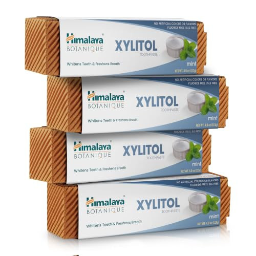 Himalaya Botanique Xylitol Fluoride-Free Toothpaste, Mint, 4 oz, 4 Pack | Whitens Teeth, Fights Plaque with Regular Brushing, Freshens Breath, SLS Free, Vegan, Gluten Free, No Artificial Colors | Amazon (US)