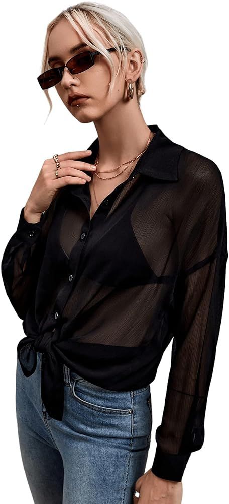 SweatyRocks Women's Casual Chiffon Sheer Blouse Bishop Sleeve Collar Button Down Loose Shirts Top... | Amazon (US)