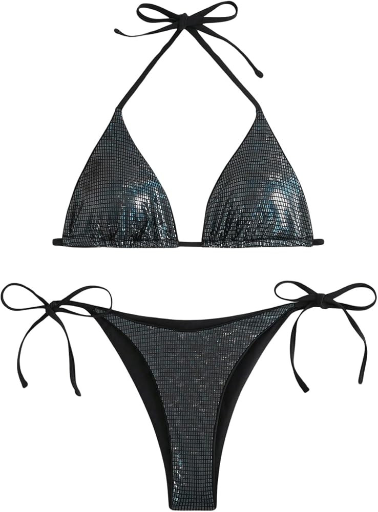 SOLY HUX Women's Sexy Metallic 2 Piece Swimsuit Halter Triangle Tie Side Bikini Set Bathing Suits | Amazon (US)