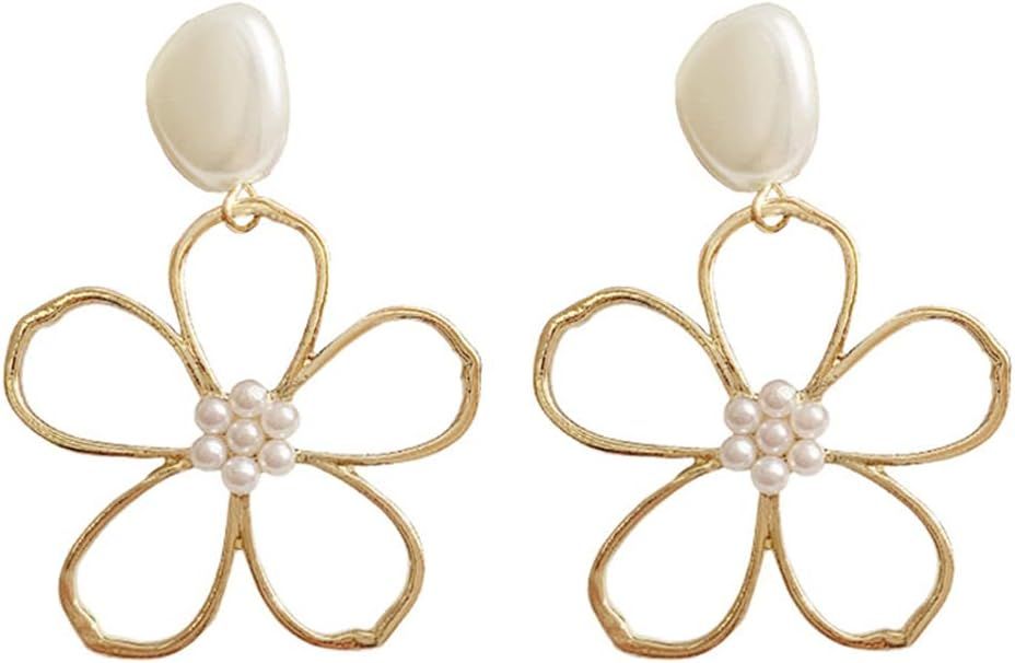 Exaggerate Daisy Dangle Earrings Hollow Flower Big Earrings Alloy Pearl Earring Double Layer Flow... | Amazon (US)
