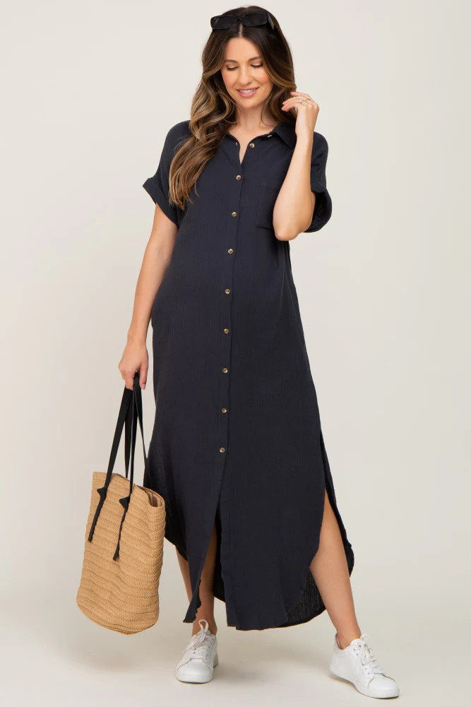 Charcoal Button Down Maternity Midi Dress | PinkBlush Maternity