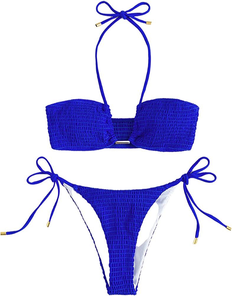 SheIn Women's Smocked Bikini Bandeau Bathing Suits with Tie Side 2 Piece Swimsuits | Amazon (US)