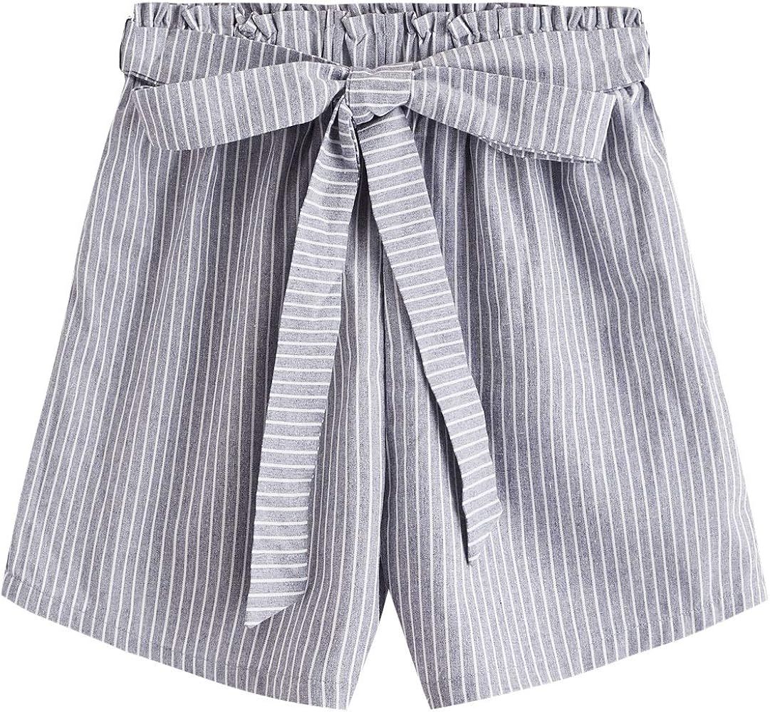 MakeMeChic Women's Striped Paperbag High Waist Tie Front Belted Summer Beach Shorts | Amazon (US)