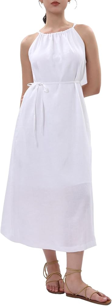 Amazhiyu Womens Linen Halter Sleeveless Maxi Dress Tie Back with Belt and Pockets | Amazon (US)