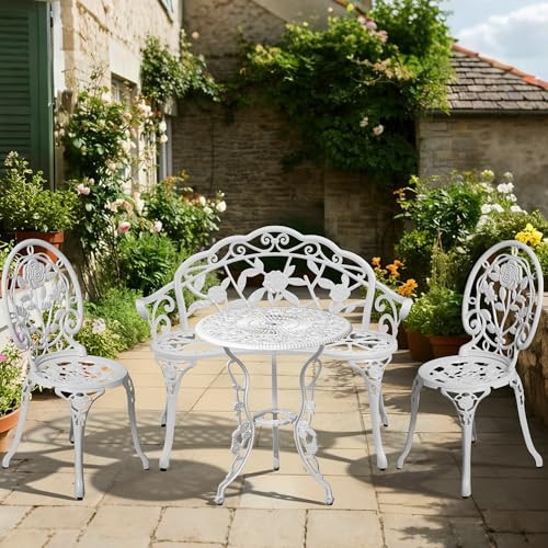 HOMEFUN 4 Piece Bistro Set, Table Chairs and Bench, Rose Pattern Cast Aluminum Bistro for Garden Balcony, Durable Rust All-Weather Resistance, White | Amazon (US)
