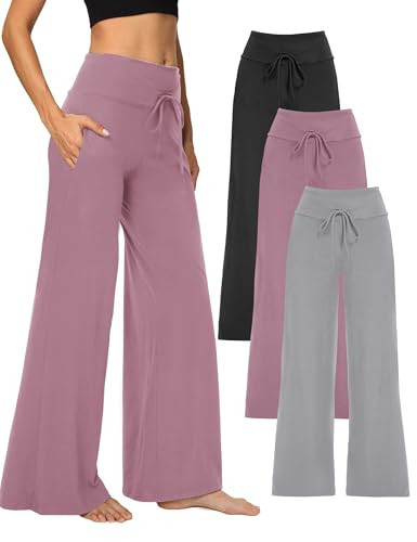 Showitty 3 Pack Women's Wide Leg Pants with Pockets, Casual Loose Pajama Palazzo Trousers Sweatpants for Yoga Lounge | Amazon (US)
