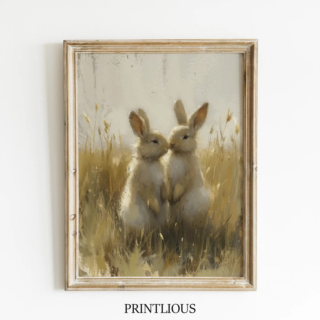 Bunnies in a Field Art Spring Bunny Rabbits Decor Vintage Easter Print Printable Farmhouse Decor ... | Etsy (US)