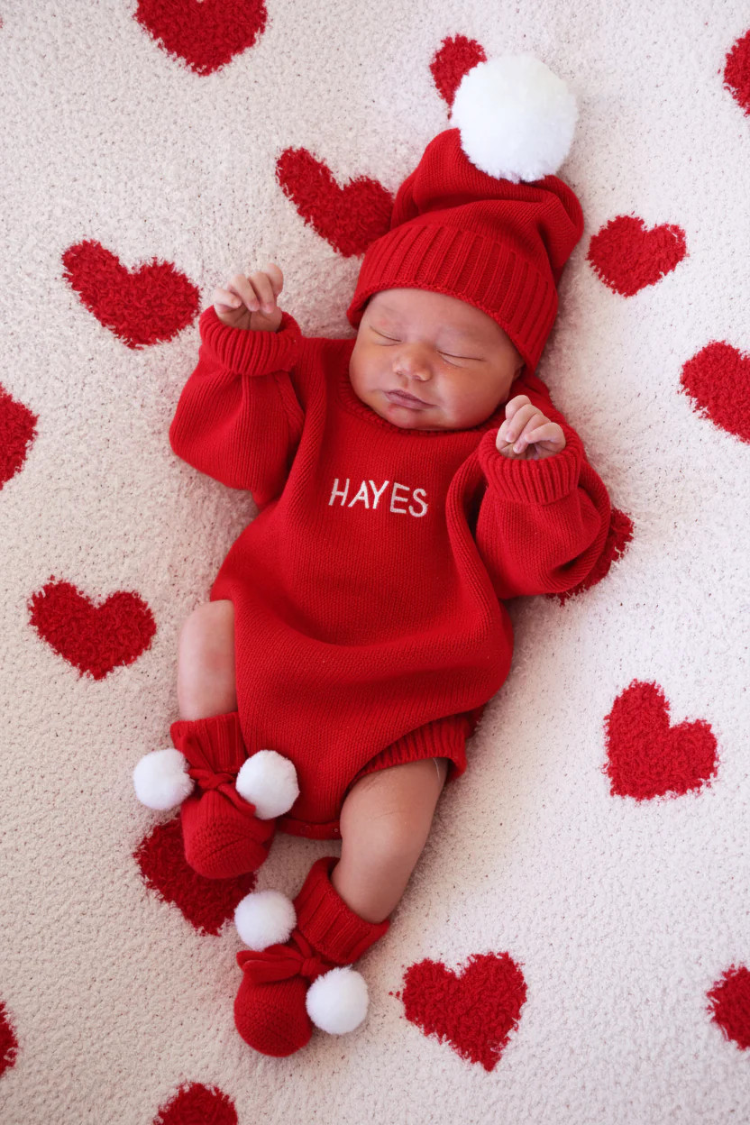 Embroidered Knit Sweater Bubble Romper | Red | Caden Lane