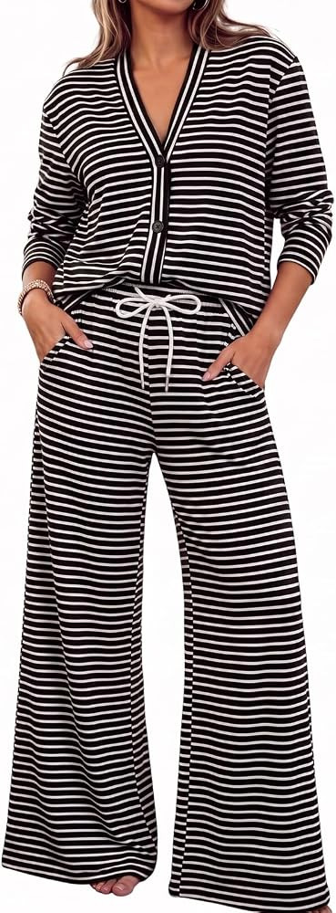 Fisoew Womens 2 Piece Lounge Set Striped Cardigan Pant Sets Travel Outfits | Amazon (US)