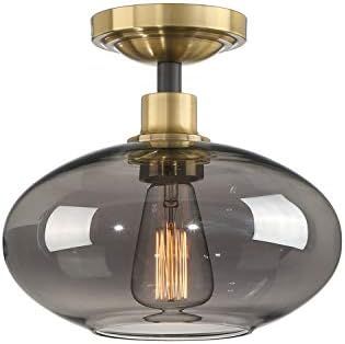 10" Smoky Glass Semi Flush Mount Ceiling Pendant Light (Include Edison Bulb) Antique Brushed Gold... | Amazon (US)