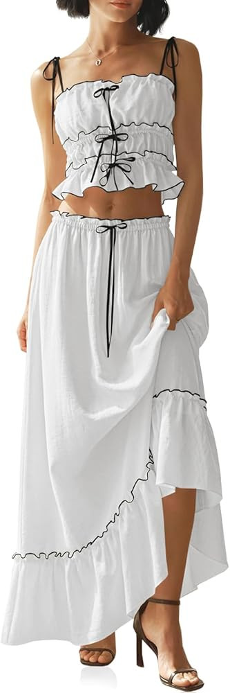 Wenrine Women's Summer 2 Piece Skirt Sets Casual Spaghetti Straps Cropped Cami Ruffle Maxi Skirt ... | Amazon (US)